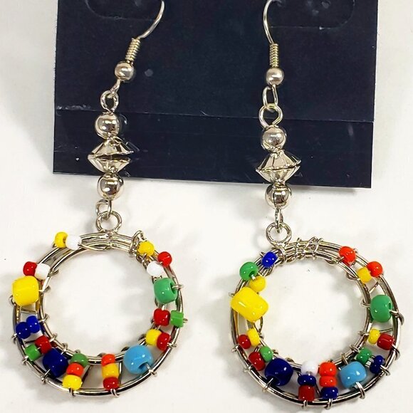Handmade Colorful Beaded Silver tone Wire Drop Earrings Boho Festival Jewelry - Picture 3 of 8